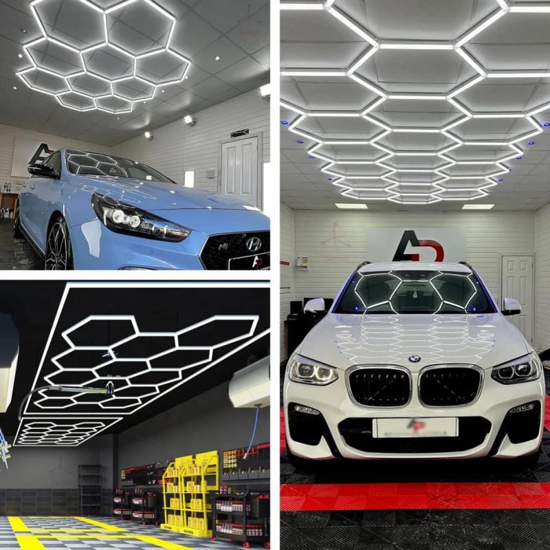 Recommended hexagon LED light layouts for detailing shops including 3-grid, 5-grid, and 14-grid configurations