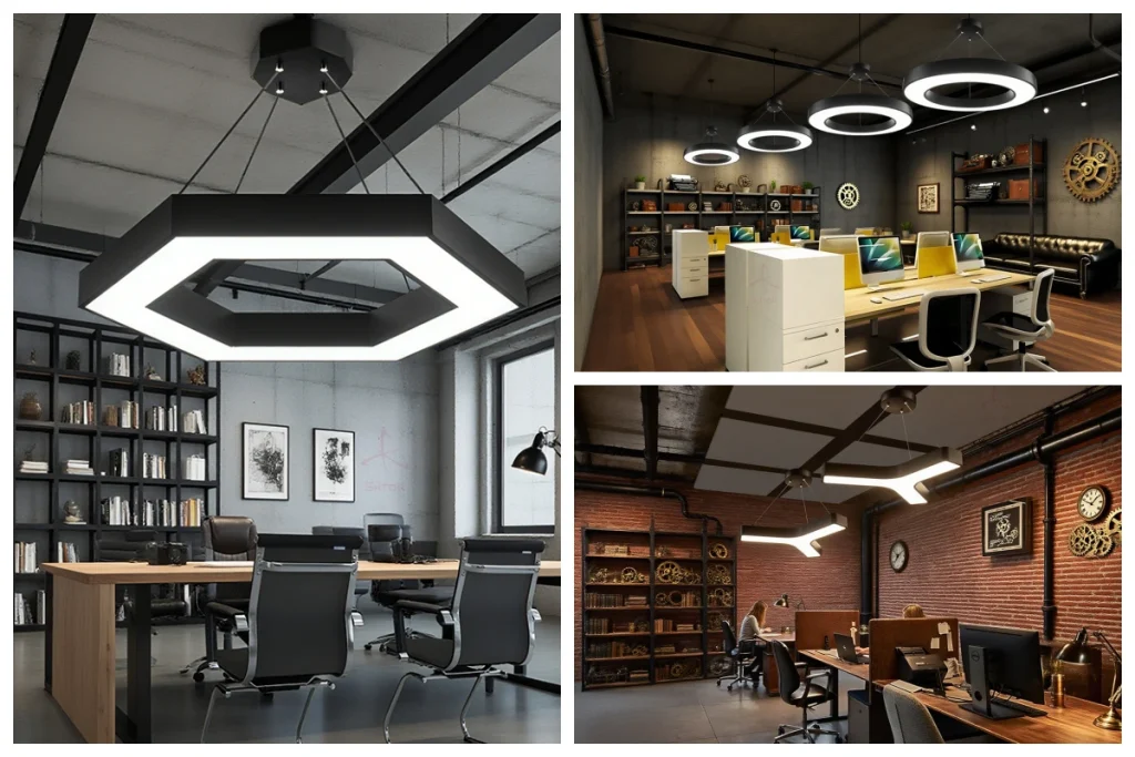 Siltoll office lights in hexagon, ring, and Y-shaped designs installed in modern workspaces 
