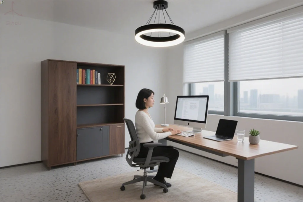 Modern office with Siltoll lighting creating a bright, glare-free workspace to reduce eye strain